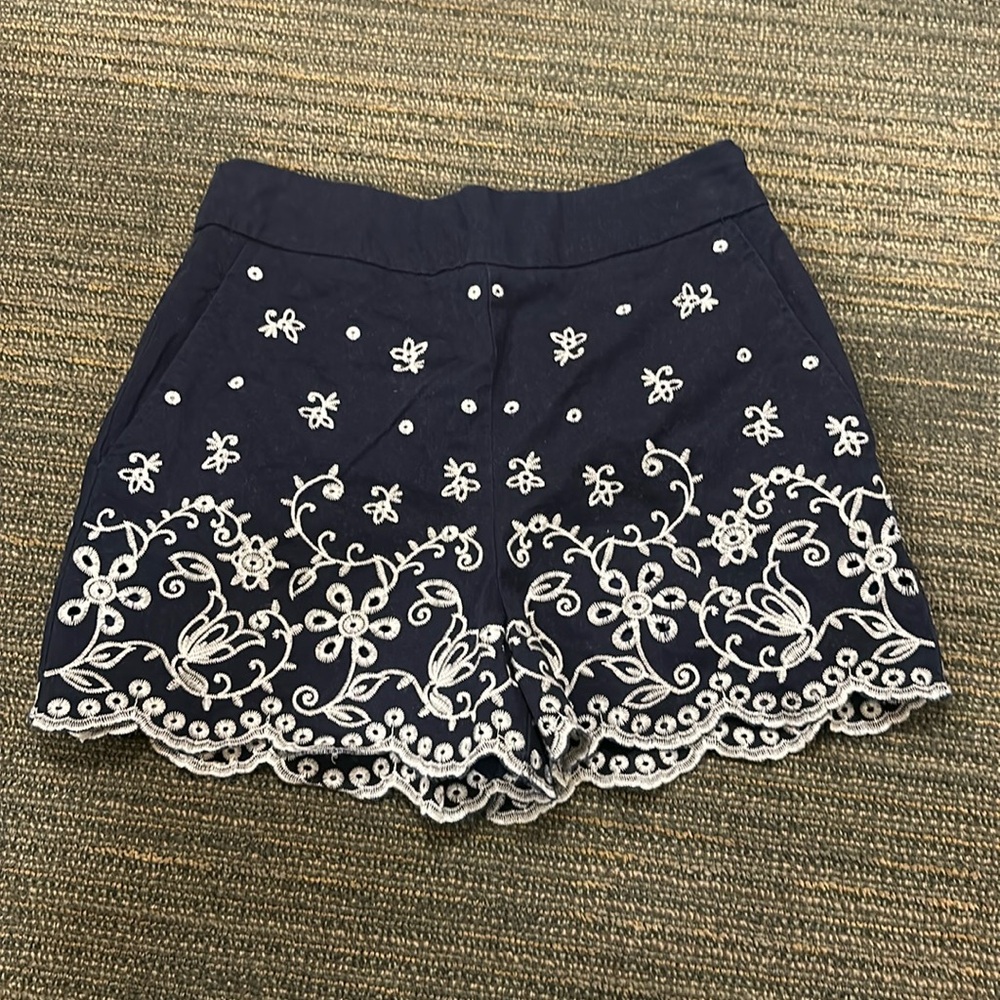 Navy Shorts with White Flower Embroidery